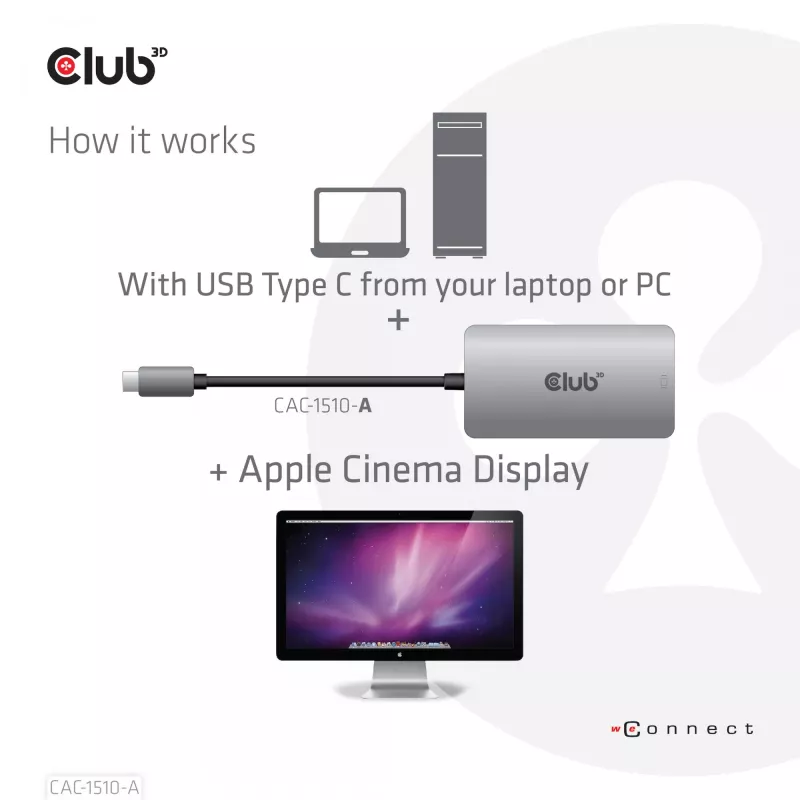 Adaptador ativo CLUB3D USB3.2 Gen1 Type-C para Dual Link DVI-D HDCP OFF M/F para Apple Cinema Displays
