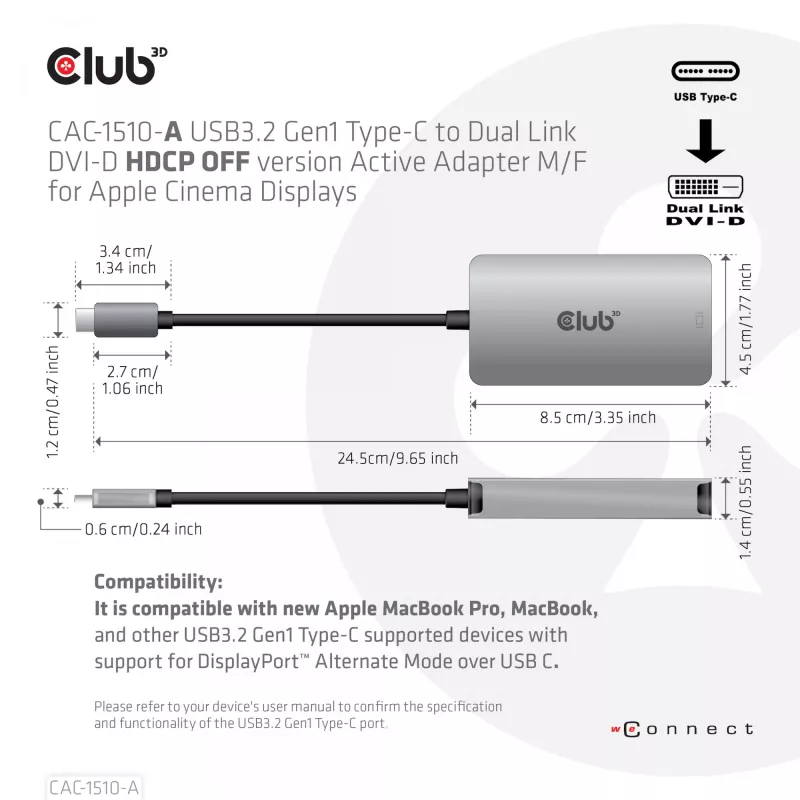 Adaptador ativo CLUB3D USB3.2 Gen1 Type-C para Dual Link DVI-D HDCP OFF M/F para Apple Cinema Displays