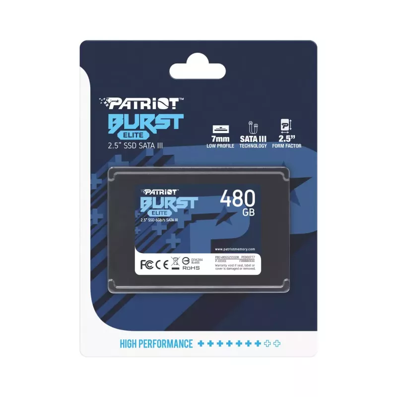 SSD SATA de 2,5 polegadas PATRIOT Burst Elite 480 GB — 450 MB/s leitura, 320 MB/s escrita, 2,5 polegadas SATA III, 7 mm