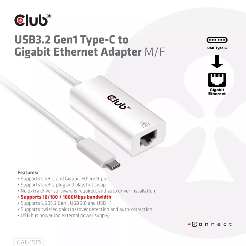 Adaptador USB3.2 Gen1 Type-C para Gigabit Ethernet CLUB3D CAC-1519