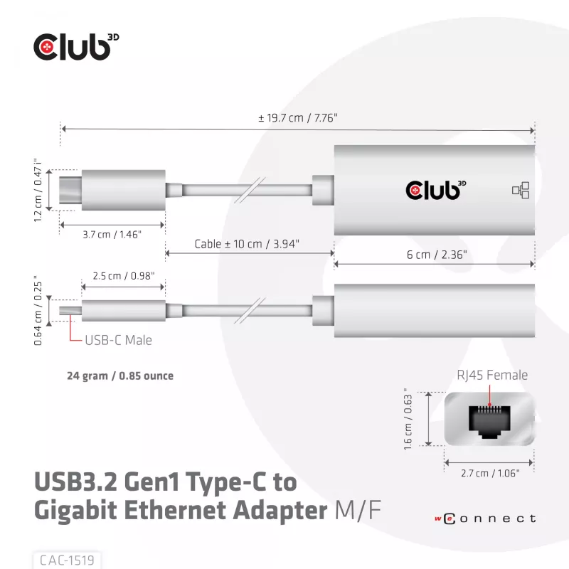 Adaptador USB3.2 Gen1 Type-C para Gigabit Ethernet CLUB3D CAC-1519