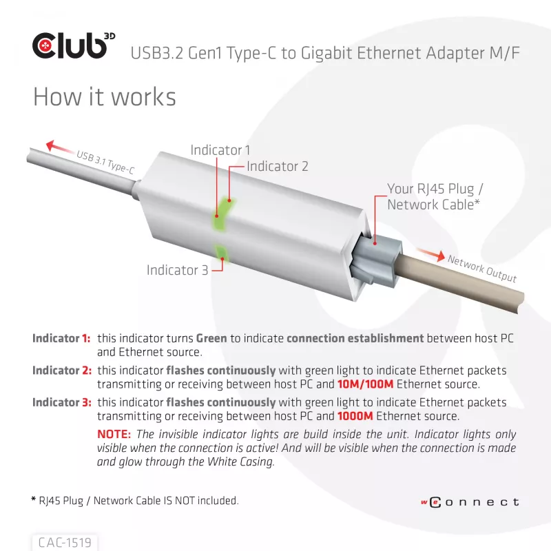 Adaptador USB3.2 Gen1 Type-C para Gigabit Ethernet CLUB3D CAC-1519