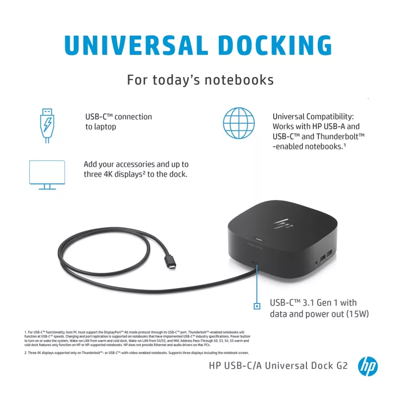 Dock HP USB-C G5, com fios, USB 3.2 Gen 1 (3.1 Gen 1) Type-C, preto, preto, China, casa
