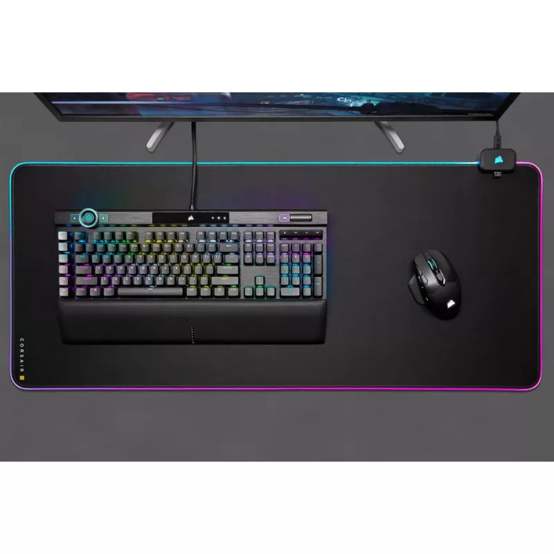 Tapete de rato gaming CORSAIR MM700 RGB — 930×400 mm, 4 mm de espessura, base de borracha, retroiluminação LED alimentada por USB, preto