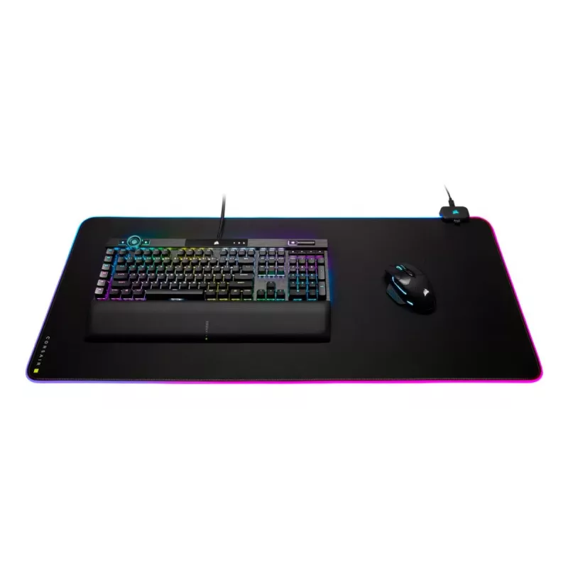 Tapete de rato gaming CORSAIR MM700 RGB — 930×400 mm, 4 mm de espessura, base de borracha, retroiluminação LED alimentada por USB, preto