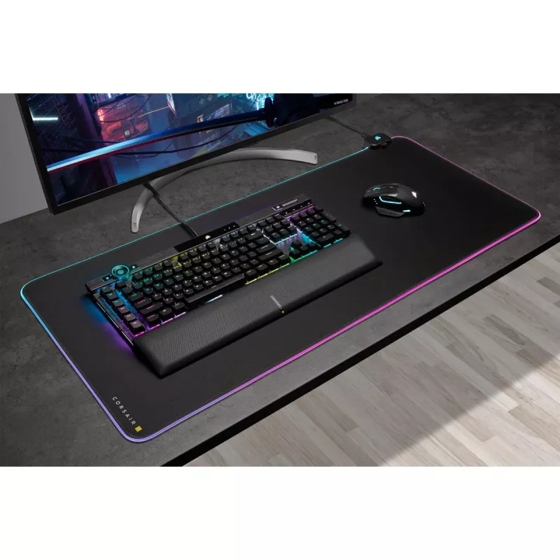 Tapete de rato gaming CORSAIR MM700 RGB — 930×400 mm, 4 mm de espessura, base de borracha, retroiluminação LED alimentada por USB, preto