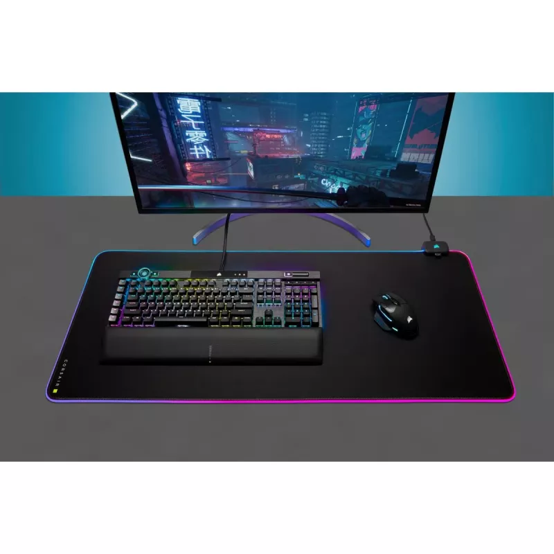 Tapete de rato gaming CORSAIR MM700 RGB — 930×400 mm, 4 mm de espessura, base de borracha, retroiluminação LED alimentada por USB, preto