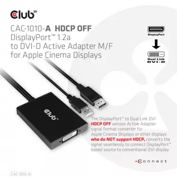 Adaptador ativo DisplayPort para Dual Link DVI-D CLUB3D CAC-1010-A, DisplayPort para DVI-D + USB, 0,6 m