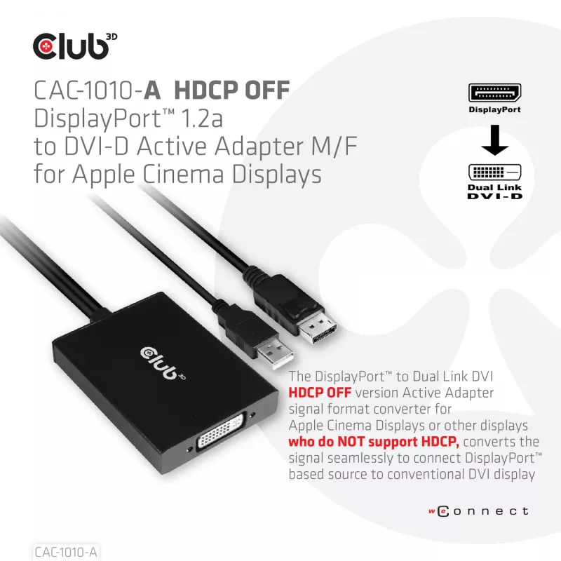Club 3D CAC-1010-A adaptador ativo de DisplayPort para Dual Link DVI-D, DisplayPort 1.2a, alimentado por USB, HDCP OFF, 0,6 m, preto
