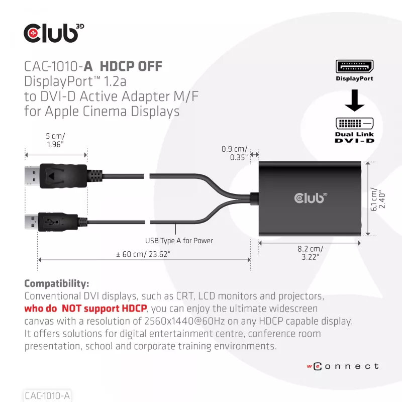 Club 3D CAC-1010-A adaptador ativo de DisplayPort para Dual Link DVI-D, DisplayPort 1.2a, alimentado por USB, HDCP OFF, 0,6 m, preto