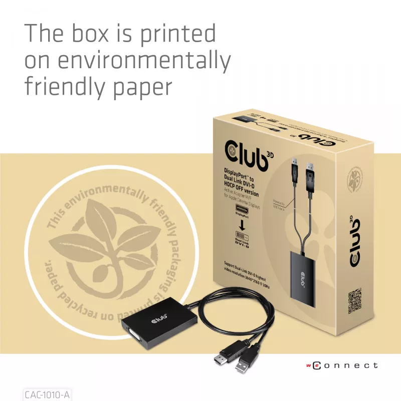 Club 3D CAC-1010-A adaptador ativo de DisplayPort para Dual Link DVI-D, DisplayPort 1.2a, alimentado por USB, HDCP OFF, 0,6 m, preto