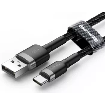 Cabo de carregamento rápido BASEUS Cafule entrançado - USB Type-A para Type-C 2A - 3m - cinzento/preto (nylon)