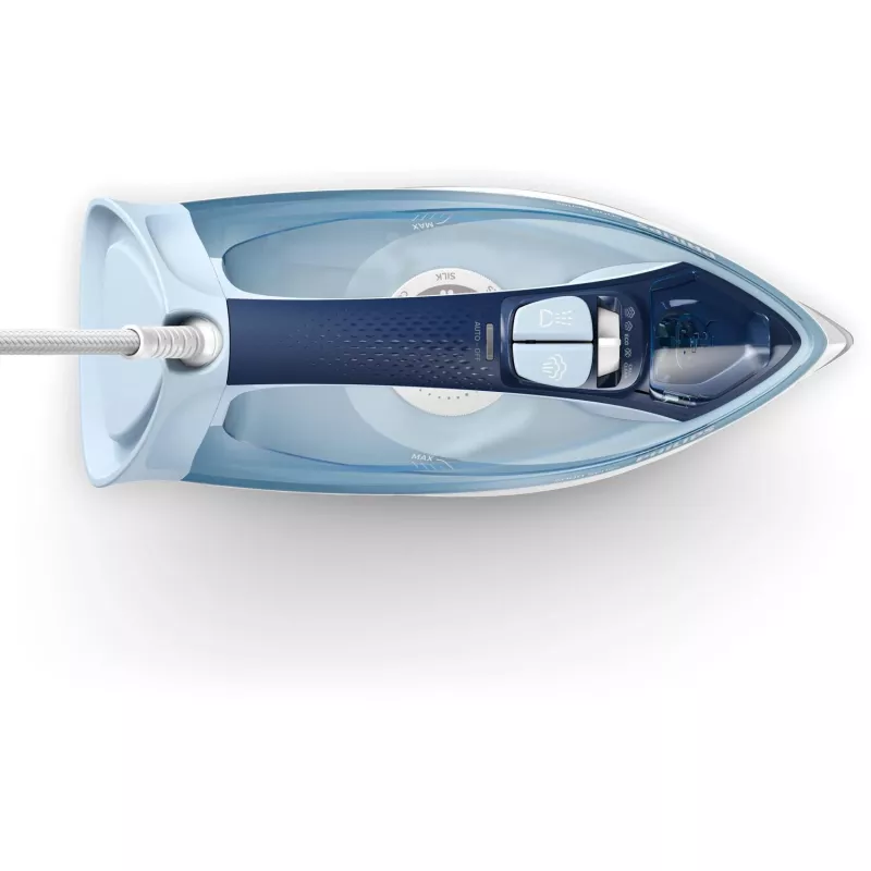Ferro de engomar a vapor Philips DST5030/20 — 2400W, depósito 0,32 L, base SteamGlide Plus, 45 g/min vapor contínuo, 180 g/min golpe de vapor, azul