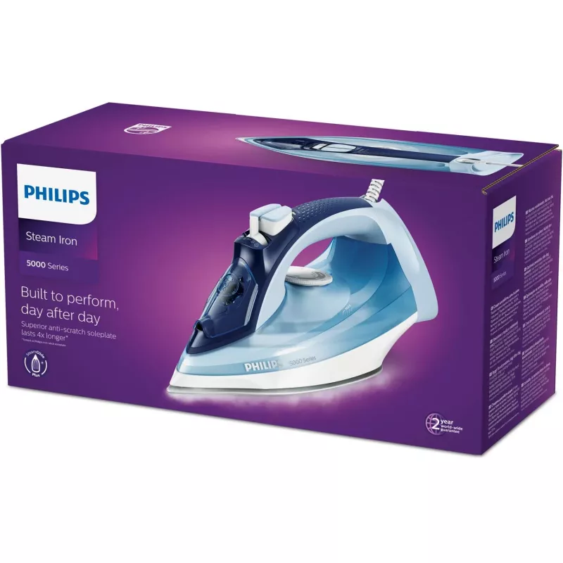 Ferro de engomar a vapor Philips DST5030/20 — 2400W, depósito 0,32 L, base SteamGlide Plus, 45 g/min vapor contínuo, 180 g/min golpe de vapor, azul