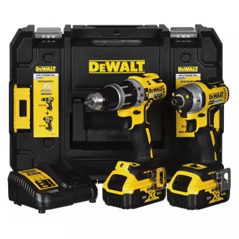 Conjunto de ferramentas combinadas a bateria DeWalt DCK266P2T — 18V, 2 baterias de 5.0Ah, aparafusadora de impacto e aparafusadora de impacto com percussão, carregador, mala
