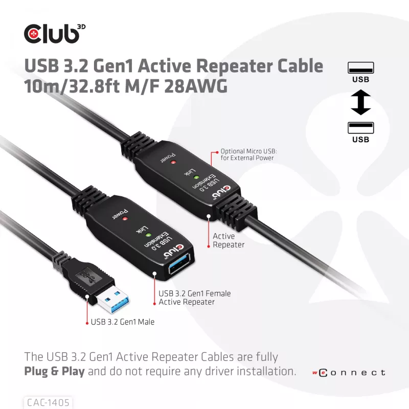 Cabo repetidor ativo CLUB3D USB 3.2 Gen1 10 m / 32.8ft M/F 28AWG