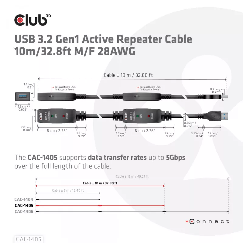 Cabo repetidor ativo CLUB3D USB 3.2 Gen1 10 m / 32.8ft M/F 28AWG