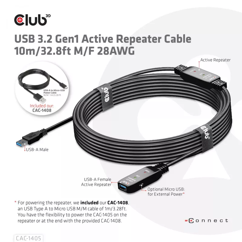 Cabo repetidor ativo CLUB3D USB 3.2 Gen1 10 m / 32.8ft M/F 28AWG