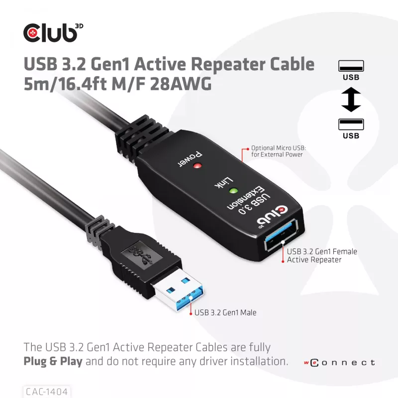 Cabo repetidor ativo CLUB3D USB 3.2 Gen1 5m/ 16.4 ft M/F 28AWG