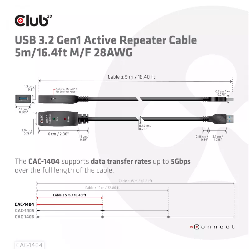 Cabo repetidor ativo CLUB3D USB 3.2 Gen1 5m/ 16.4 ft M/F 28AWG