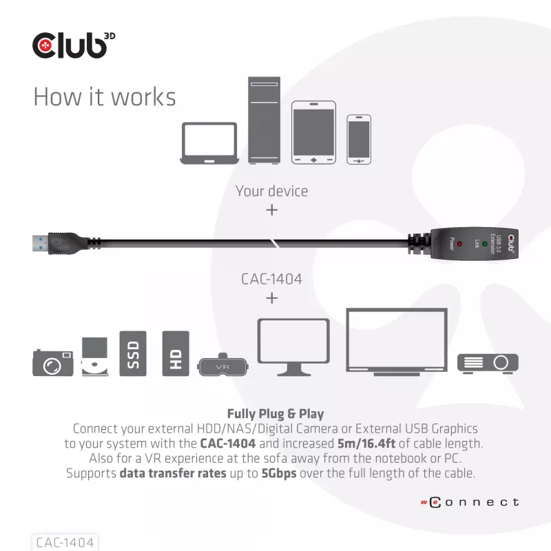 Cabo repetidor ativo CLUB3D USB 3.2 Gen1 5m/ 16.4 ft M/F 28AWG