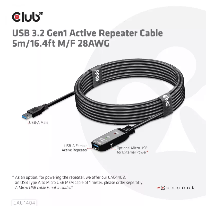 Cabo repetidor ativo CLUB3D USB 3.2 Gen1 5m/ 16.4 ft M/F 28AWG