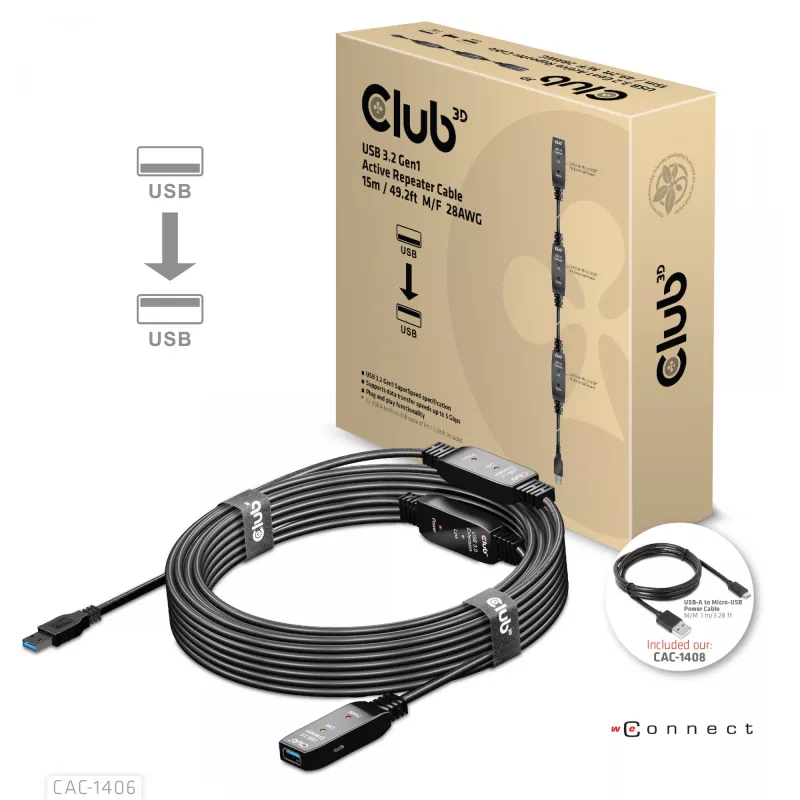 Cabo repetidor ativo CLUB3D USB 3.2 Gen1 15 m/ 49.2 ft M/F 28AWG