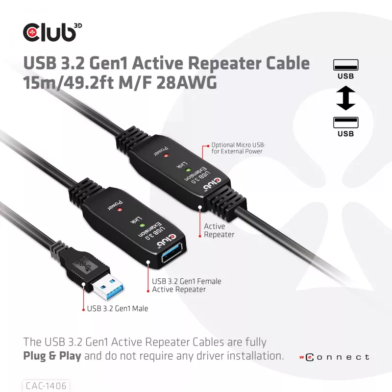 Cabo repetidor ativo CLUB3D USB 3.2 Gen1 15 m/ 49.2 ft M/F 28AWG