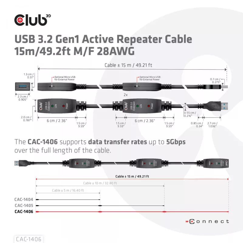Cabo repetidor ativo CLUB3D USB 3.2 Gen1 15 m/ 49.2 ft M/F 28AWG