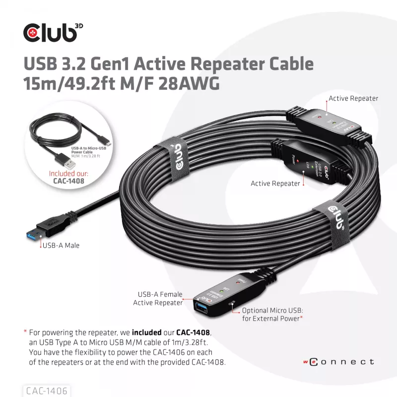 Cabo repetidor ativo CLUB3D USB 3.2 Gen1 15 m/ 49.2 ft M/F 28AWG