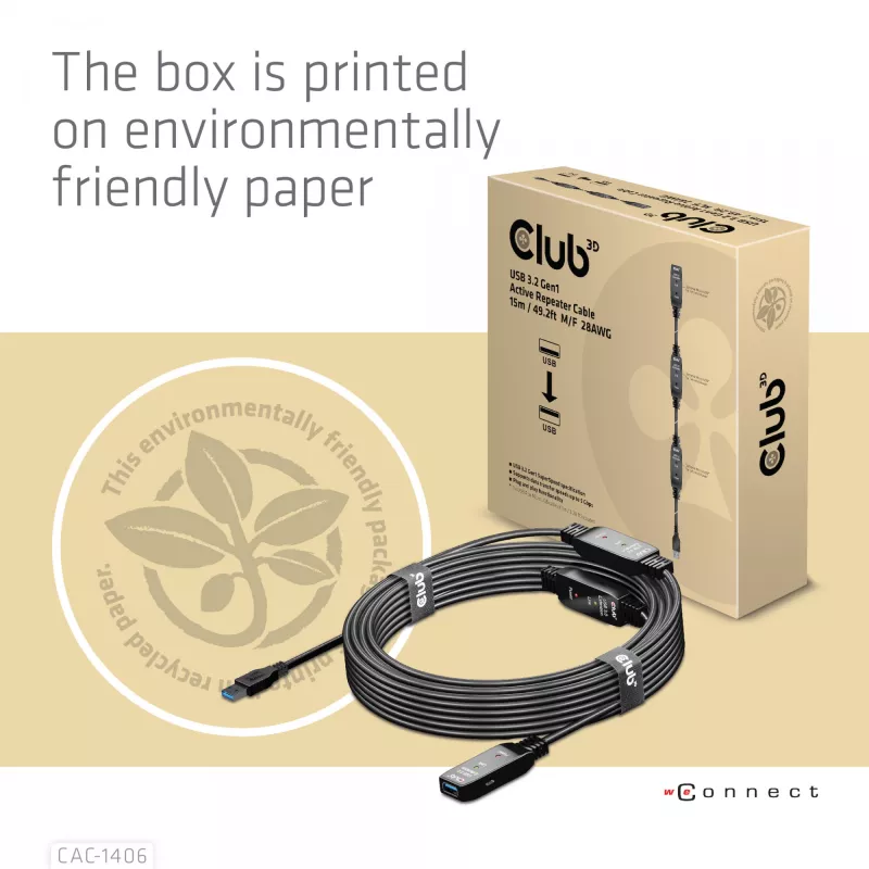 Cabo repetidor ativo CLUB3D USB 3.2 Gen1 15 m/ 49.2 ft M/F 28AWG