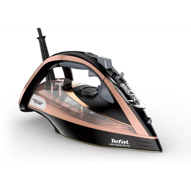 Tefal Ultimate Pure FV9845 ferro a vapor, 3200 W, base Durilium AirGlide Autoclean, 60 g/min de vapor contínuo, 260 g/min de jato de vapor, depósito de 350 ml, vapor vertical, preto/cobre
