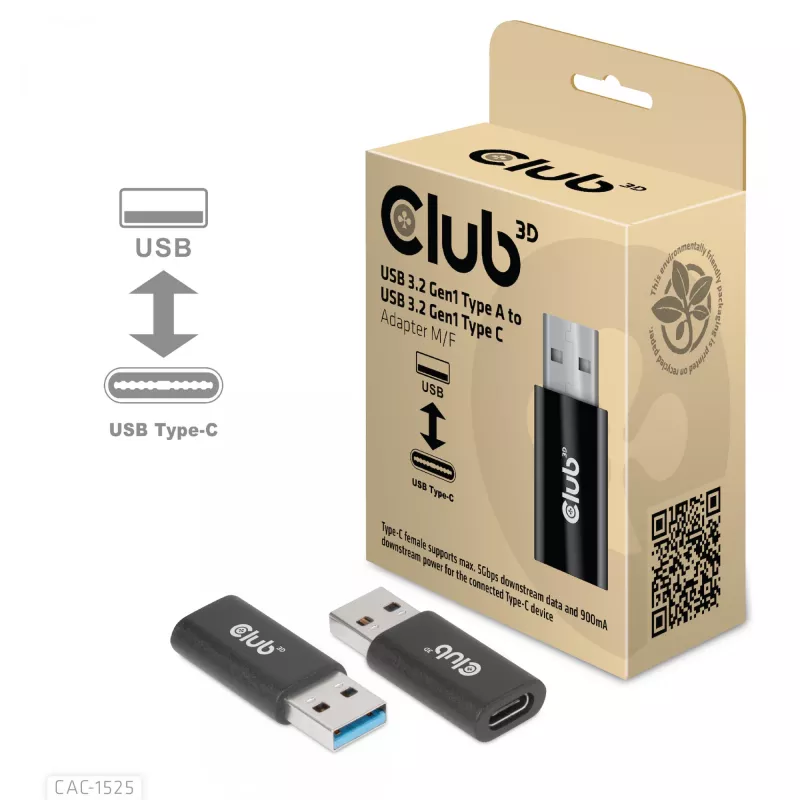 Adaptador CLUB3D USB 3.2 Gen1 tipo A para USB 3.2 Gen1 tipo C macho/fêmea