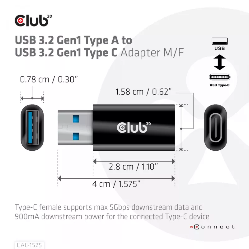 Adaptador CLUB3D USB 3.2 Gen1 tipo A para USB 3.2 Gen1 tipo C macho/fêmea