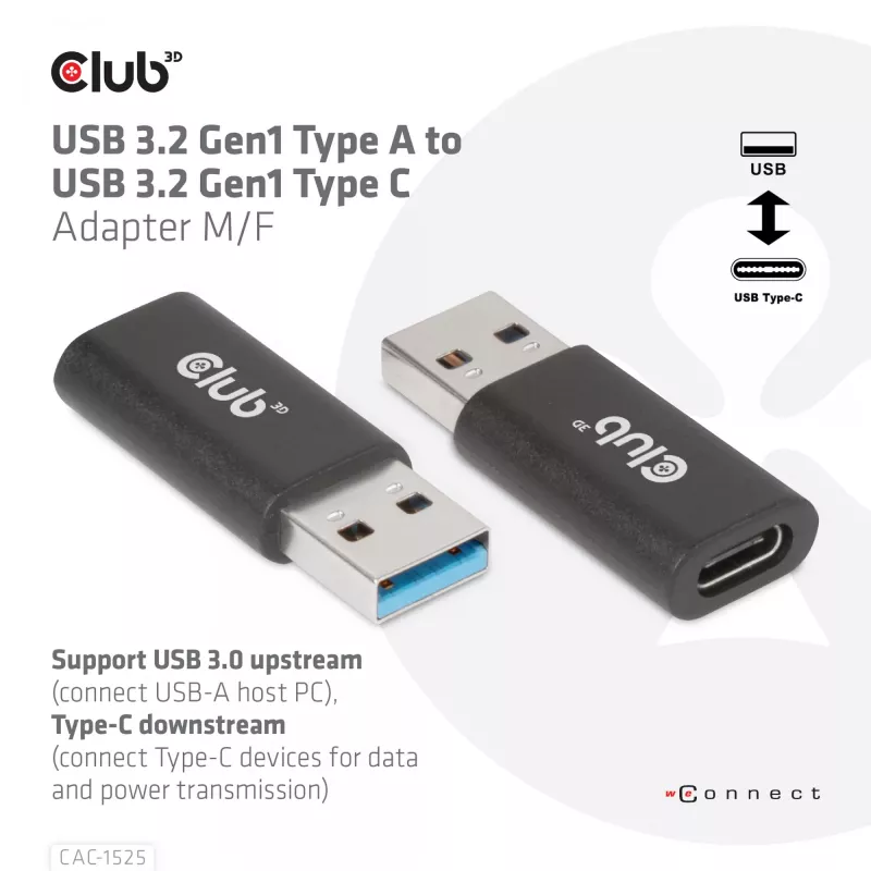 Adaptador CLUB3D USB 3.2 Gen1 tipo A para USB 3.2 Gen1 tipo C macho/fêmea
