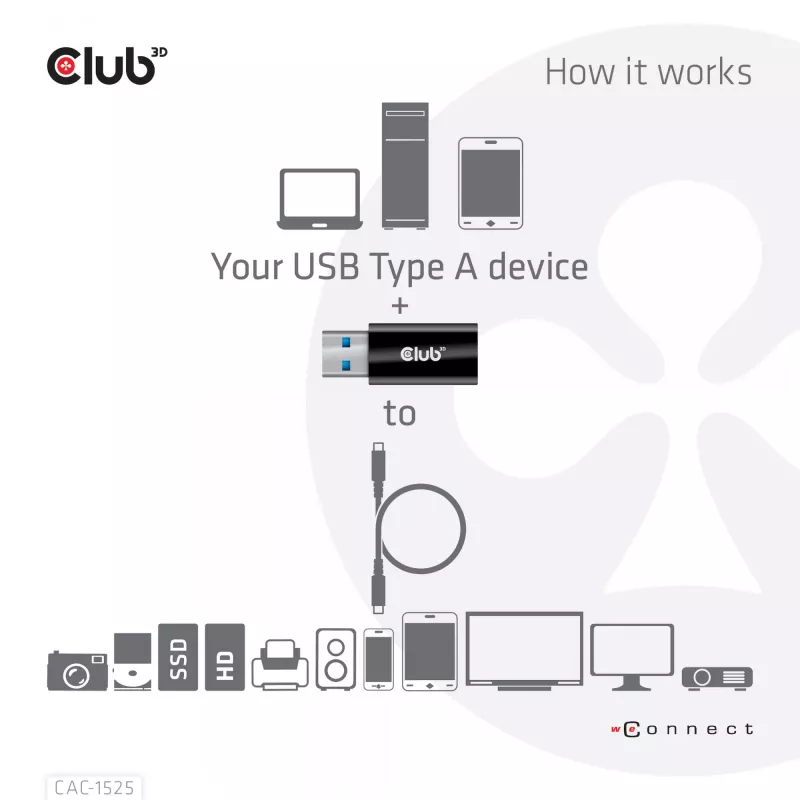 Adaptador CLUB3D USB 3.2 Gen1 tipo A para USB 3.2 Gen1 tipo C macho/fêmea