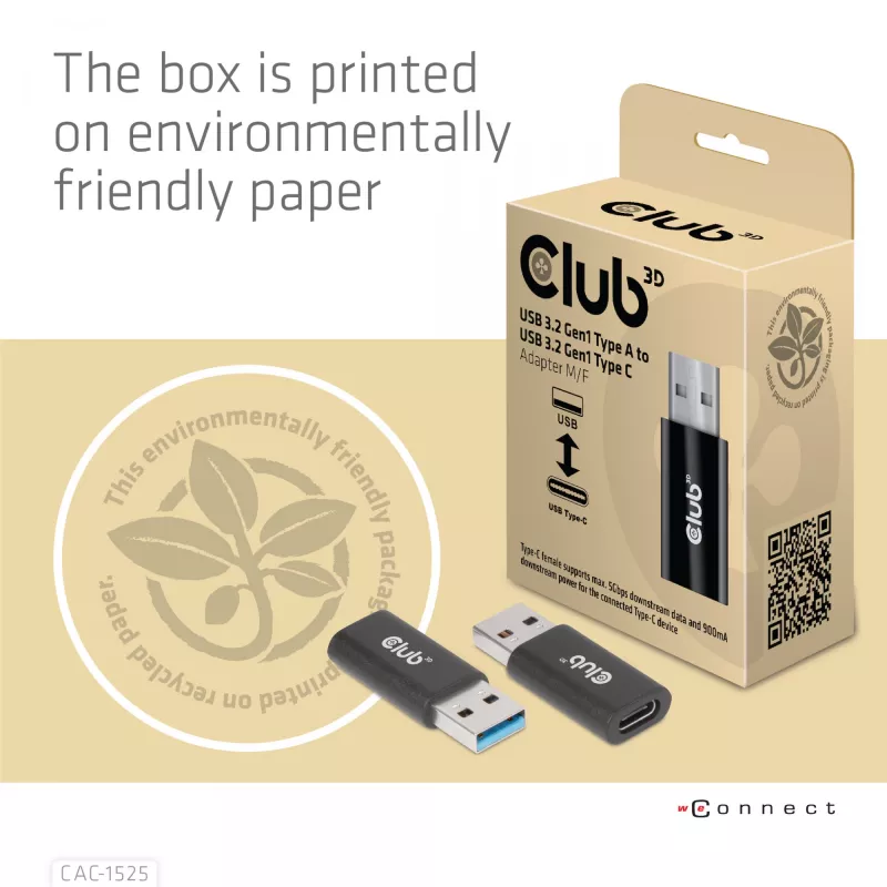 Adaptador CLUB3D USB 3.2 Gen1 tipo A para USB 3.2 Gen1 tipo C macho/fêmea
