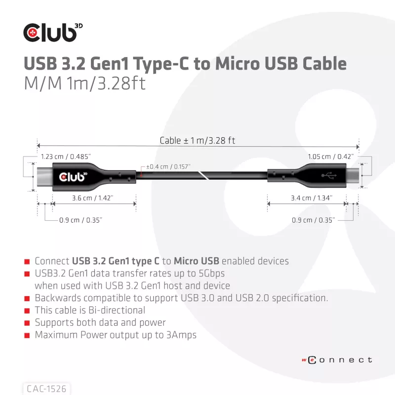 Cabo USB 3.2 Gen1 Type-C para Micro-USB CLUB3D M/M 1 m / 3,28 ft