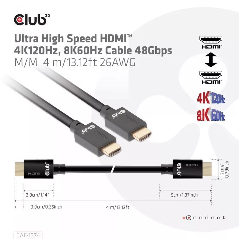 Cabo HDMI™ Ultra High Speed CLUB3D 4K120Hz, 8K60Hz 48Gbps M/M 4 m/13,12ft 26AWG