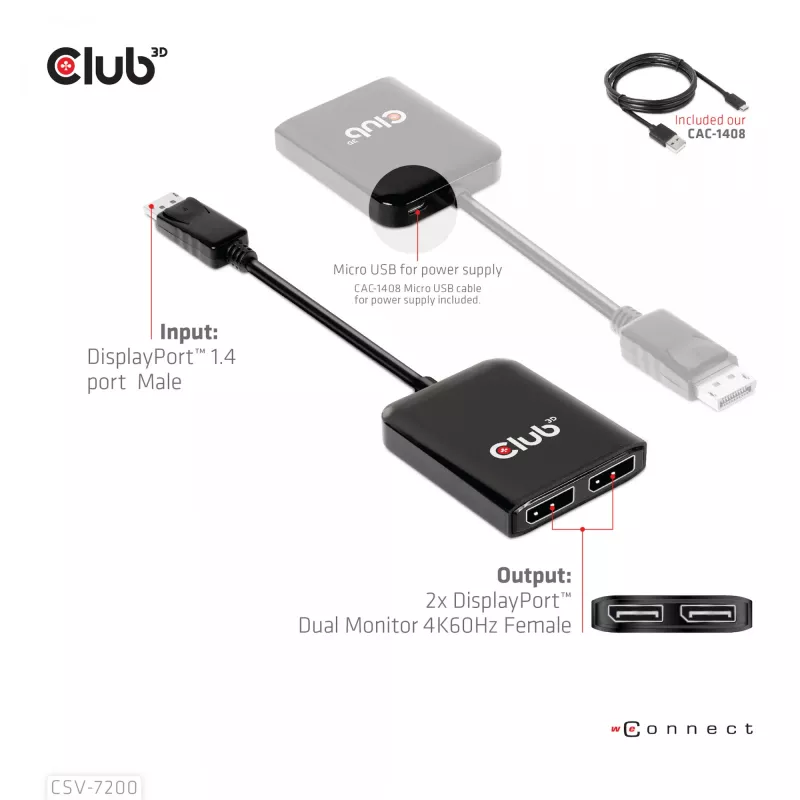 Hub MST DisplayPort 1.4 para DisplayPort + HDMI 4K60Hz CLUB3D CSV-7220