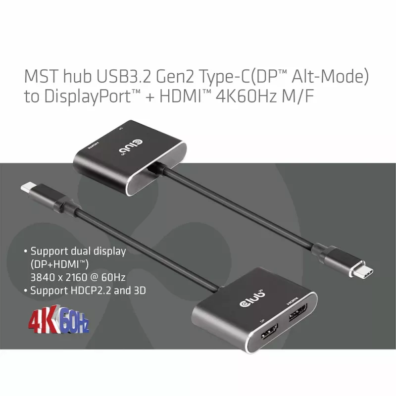 Hub MST CLUB3D USB3.2 Gen2 Type-C (DP Alt-Mode) para DisplayPort + HDMI 4K60Hz M/F