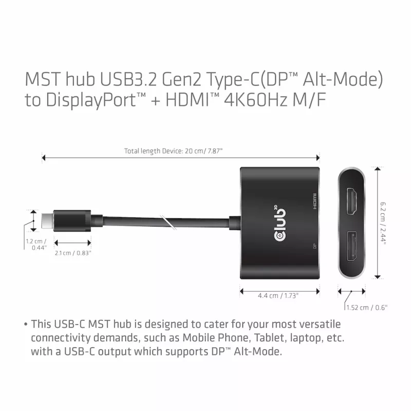 Hub MST CLUB3D USB3.2 Gen2 Type-C (DP Alt-Mode) para DisplayPort + HDMI 4K60Hz M/F