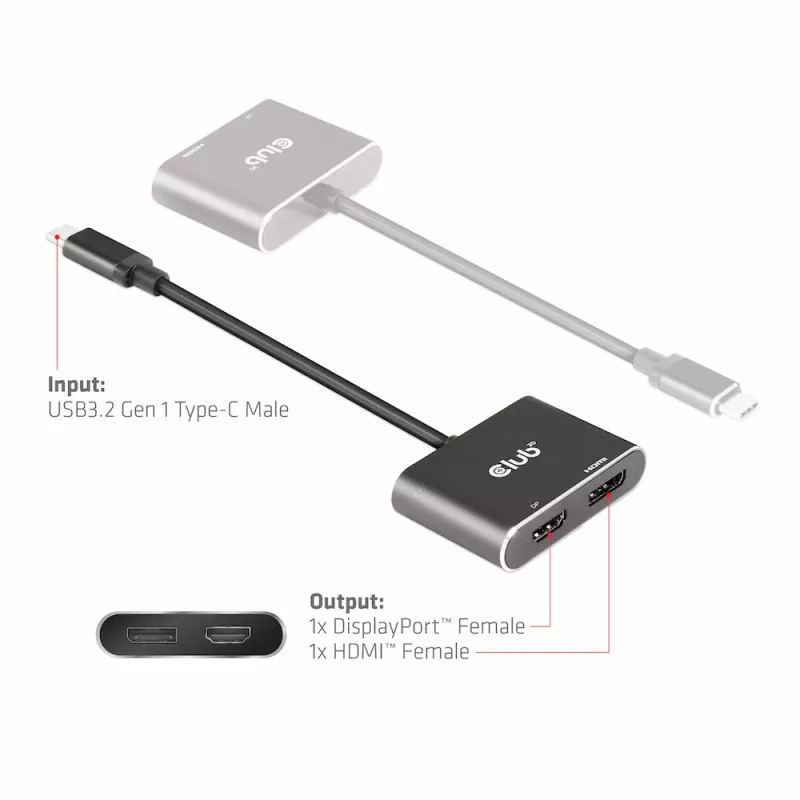 Hub MST CLUB3D USB3.2 Gen2 Type-C (DP Alt-Mode) para DisplayPort + HDMI 4K60Hz M/F