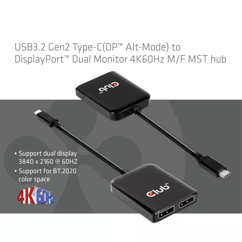 Hub MST CLUB3D USB3.2 Gen2 Type-C (DP™ Alt-Mode) para DisplayPort™ monitor duplo 4K60Hz M/F