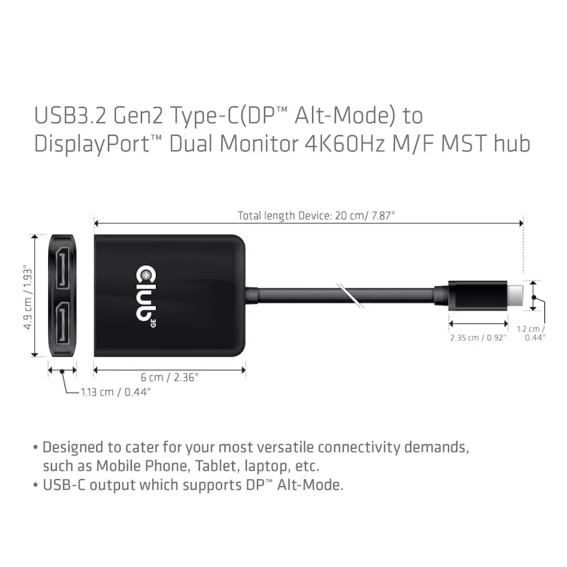 Hub MST CLUB3D USB3.2 Gen2 Type-C (DP™ Alt-Mode) para DisplayPort™ monitor duplo 4K60Hz M/F
