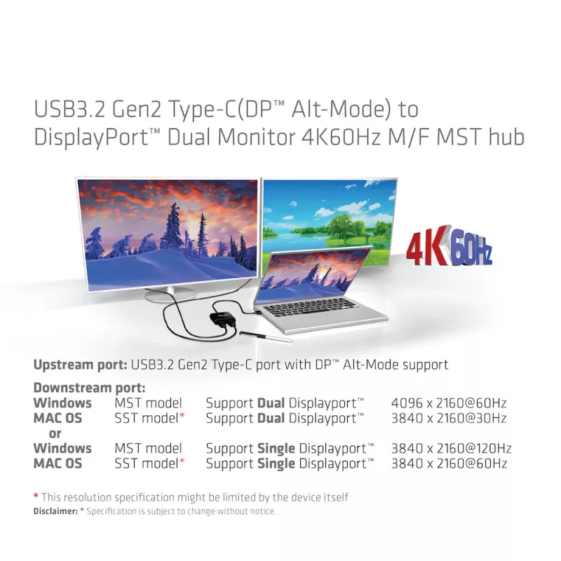 Hub MST CLUB3D USB3.2 Gen2 Type-C (DP™ Alt-Mode) para DisplayPort™ monitor duplo 4K60Hz M/F