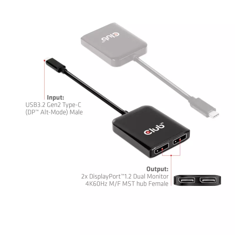 Hub MST CLUB3D USB3.2 Gen2 Type-C (DP™ Alt-Mode) para DisplayPort™ monitor duplo 4K60Hz M/F
