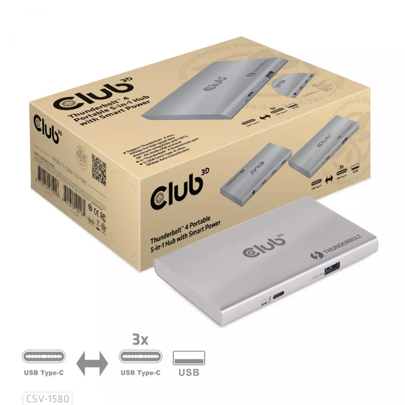 Hub portátil 5-em-1 CLUB3D certificado Thunderbolt™4 com Smart Power