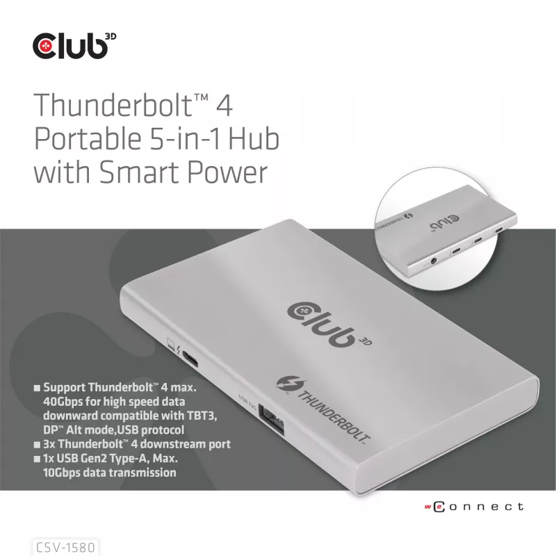 Hub portátil 5-em-1 CLUB3D certificado Thunderbolt™4 com Smart Power