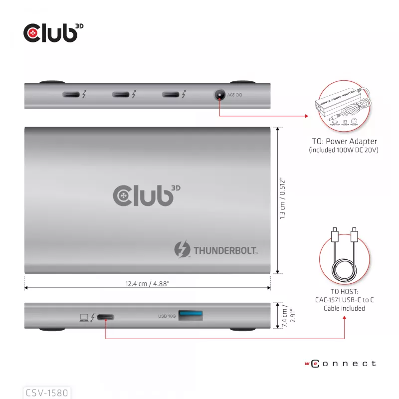 Hub portátil 5-em-1 CLUB3D certificado Thunderbolt™4 com Smart Power